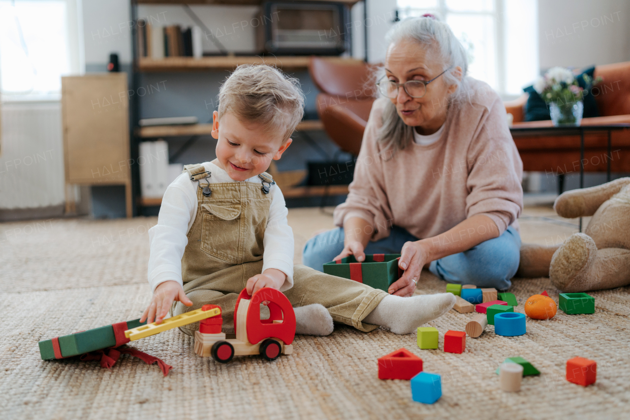 Grandmother playing with her little grandson, building a block set in his room.