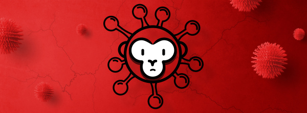 A monkeypox infection pandemic wide banner. Virus design with cells on red background.