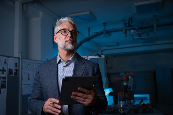 Portrait of robotics engineer holding tablet, standing in laboratory. Concept of modern technology in industries, automated processes, automotive.