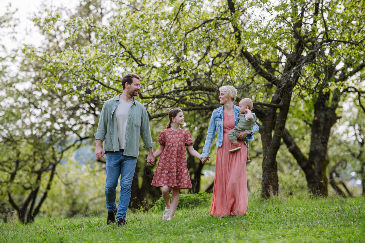 Family portrait with daughter and small toddler or baby, walking outdoors in spring nature. Nuclear family.