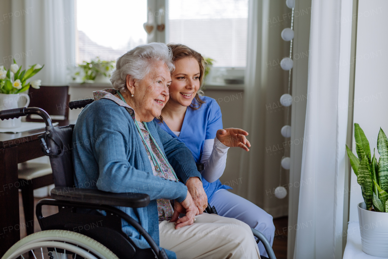 Portrait of nurse and her senior client on a wheelchair looking out of the window.