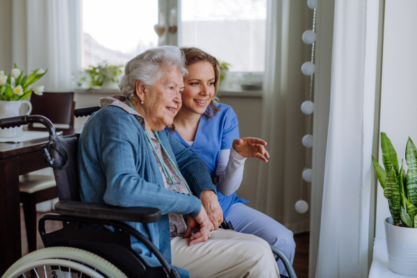 Portrait of nurse and her senior client on a wheelchair looking out of the window.