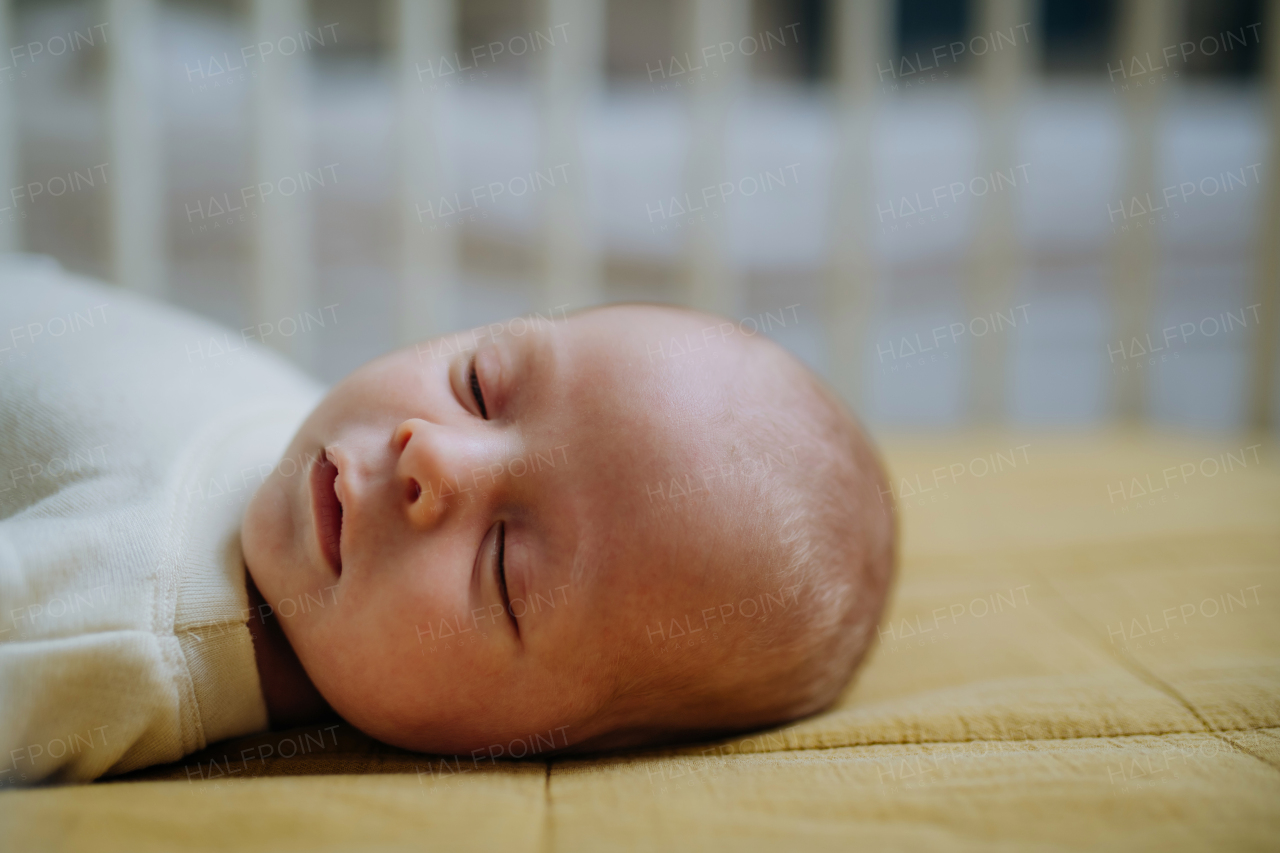Side view of sleeping newborn baby in little bed.