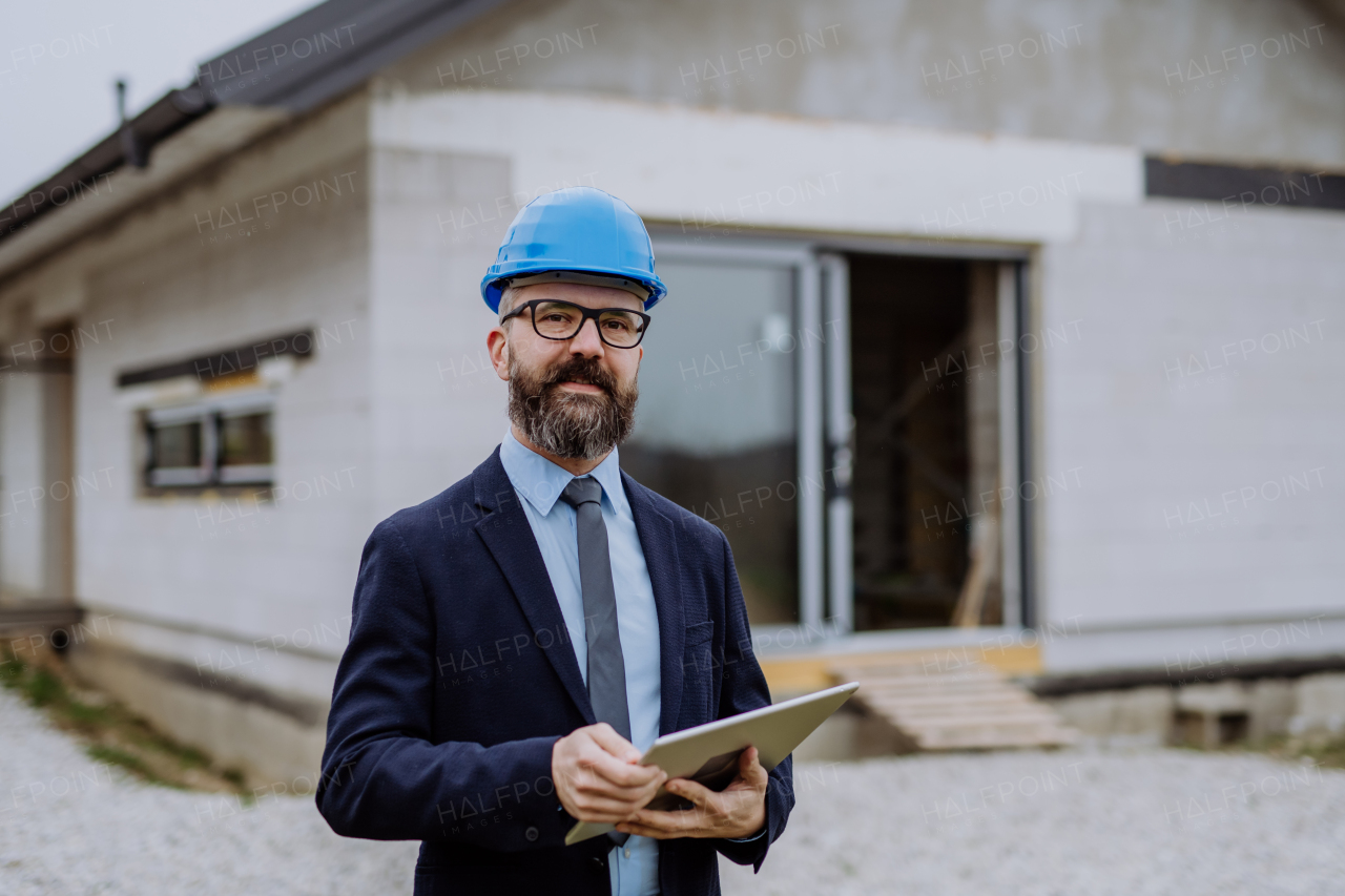 Mature businessman controlling blueprints from an unfinished house.