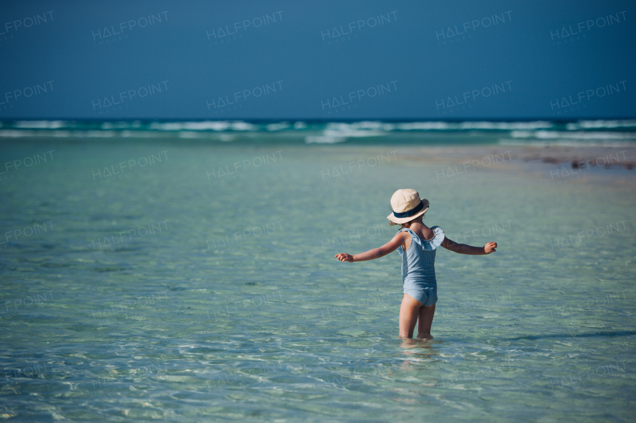 Rear view of a beautiful little girl standing in the water on the beach in a swimsuit and a straw hat. Full body shot of smilling girl in blue swimsuit, enjoying sandy beach and crystalline sea of Mnemba beach in Zanzibar, with copy space. Concept of beach summer vacation with kids.