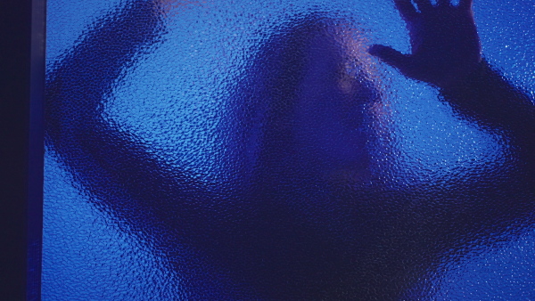 The shadow of woman screaming behind the glass, domestic violence concept.