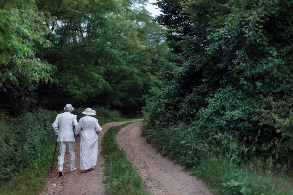 Rear view of senior couple having wedding photography in a forest during summer day.