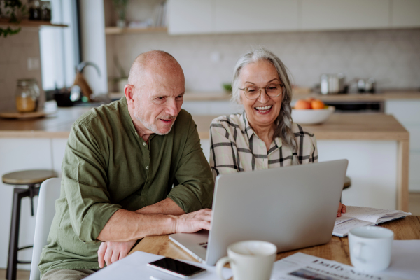 A happy senior couple calculate expenses or planning budget together at home.