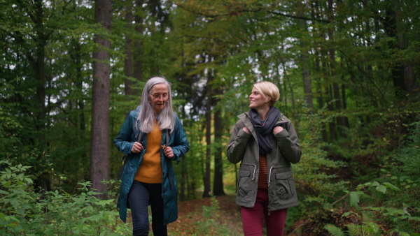 A senior mother with daughter on walk outoors in forest.