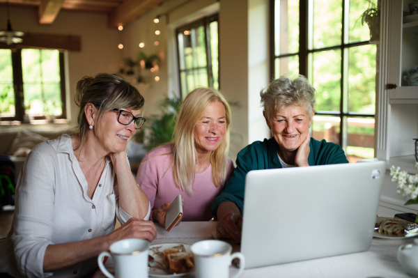Happy senior friends women having fun and using a laptop indoors at home, coffee time.