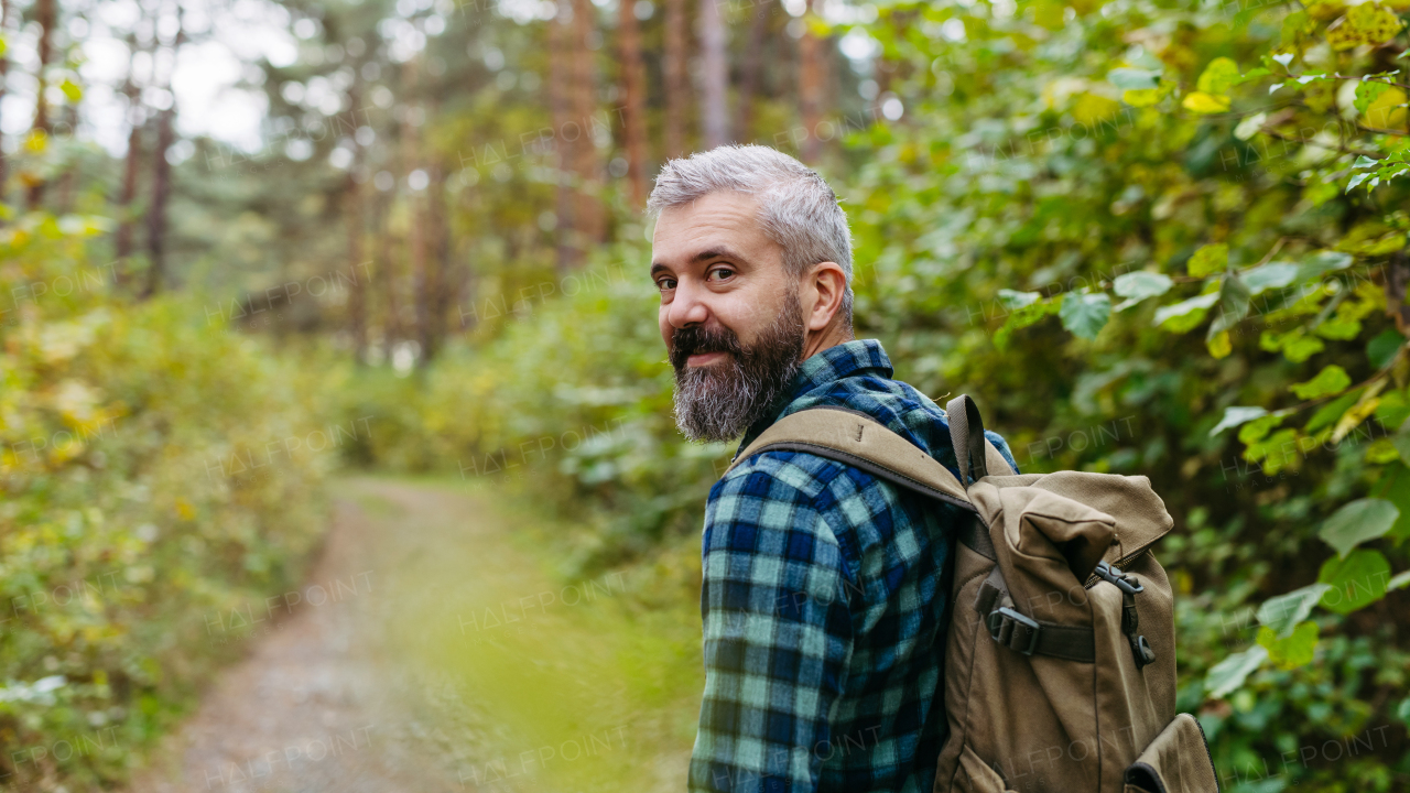 Handsome man standing in the middle of nature, enjoying peaceful atmosphere of forest, forestbathing. Banner with copy space.