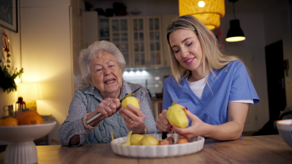 Portrait of an elderly companion assistant and senior woman peeling potatoes. Home health care services.