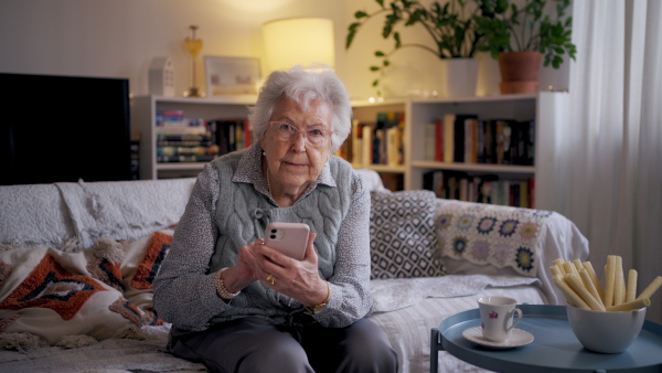 Video of senior woman sitting on sofa and texting. Elderly people using smartphones.