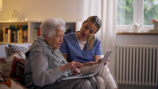 Social worker helping elderly lady with managing her finances and teaching her to use laptop.