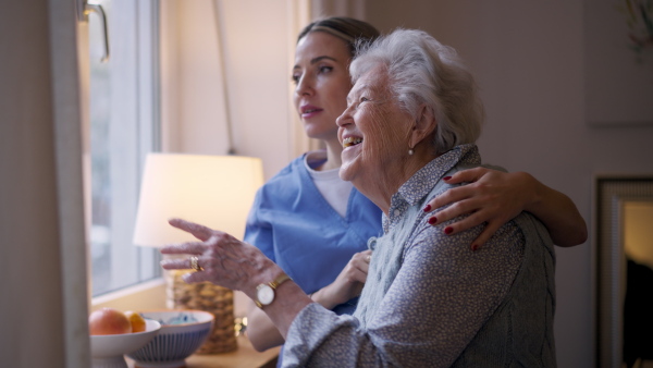 Psychologist, caregiver provides mental health support and grief counseling to female elderly patient.