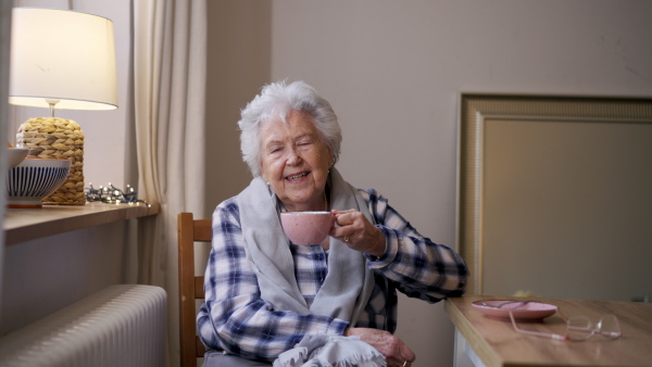 Lovely elderly woman sitting at the kitchen table and drinking a tea. Video of senior woman at home.