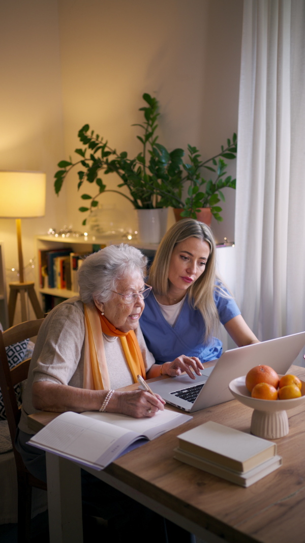 Social worker helping elderly lady with managing her finances and teaching her to use online banking on laptop.