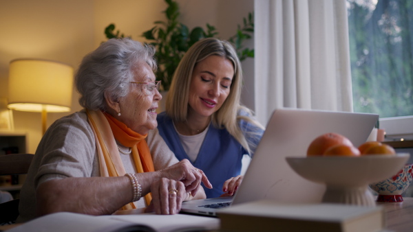 Social worker helping elderly lady with managing her finances and teaching her to use online banking on laptop.
