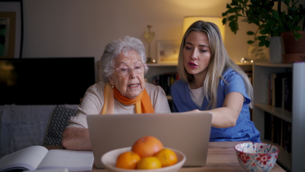 Social worker helping elderly lady with managing her finances and teaching her to use online banking on laptop.