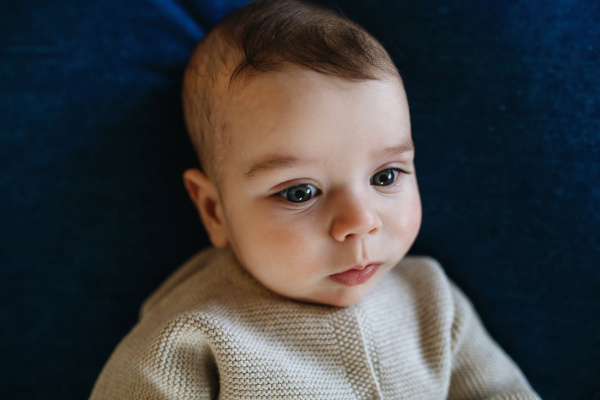 Portrait of a baby boy, top view.