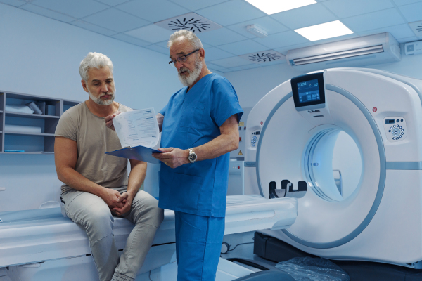 Doctor explaining CT scan results to male patient in hospital setting
