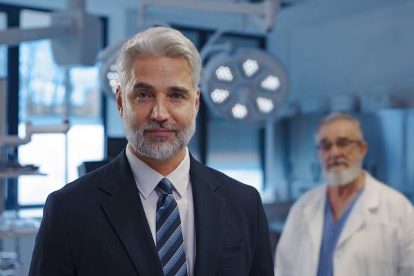 Portrait of pharmaceutical sales representative with doctor standing behind him. Hospital director, manager of private medical clinic.