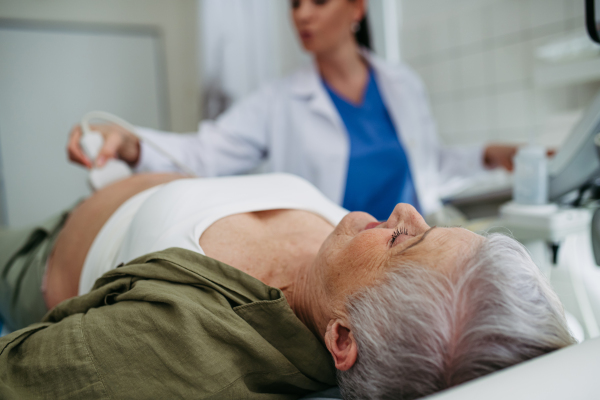 Doctor performing abdominal ultrasound on elderly woman. Preventive care.
