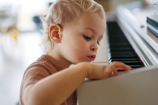 Portrait of toddler boy playing on piano at home.