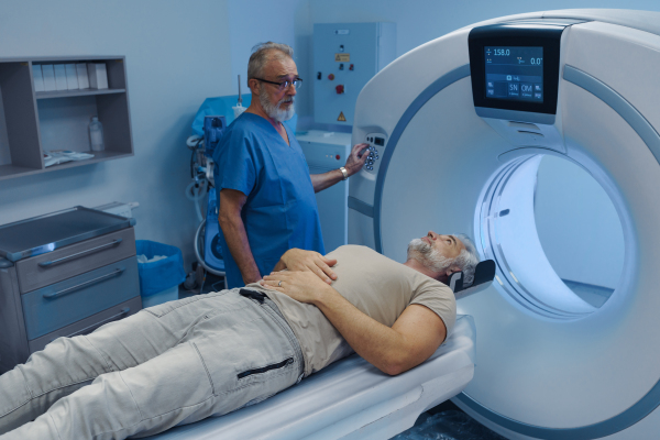 Doctor operationg CT machine in hospital. Male patient undergoing CT scan.
