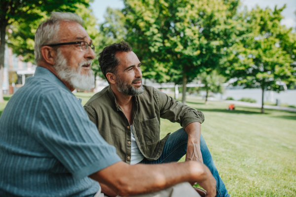 Happy dad and adult son enjoying peaceful afternoon outdoors. Fathers day concept.