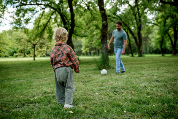 Father and son playing football together in a park