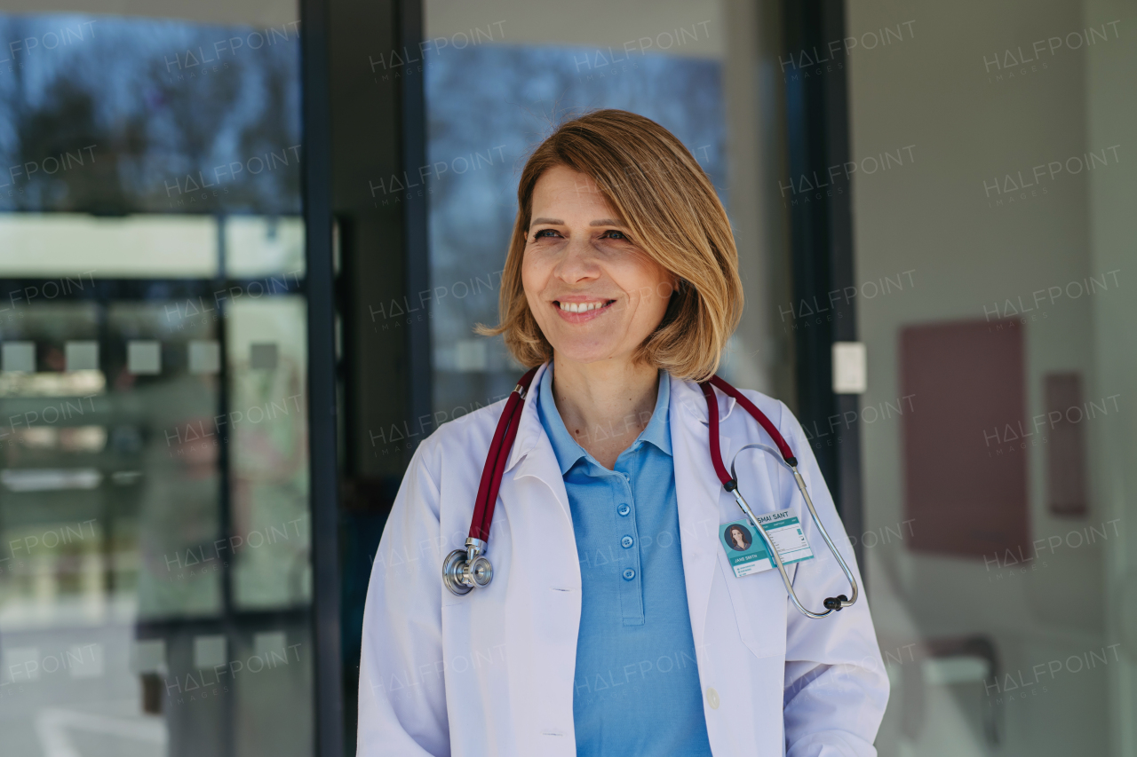 Portrait of female doctor in white coat, smiling.